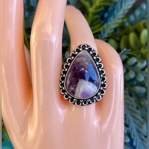 Teardrop Natural Chevron Amethyst Sterling Silver Ring Sz 7.5